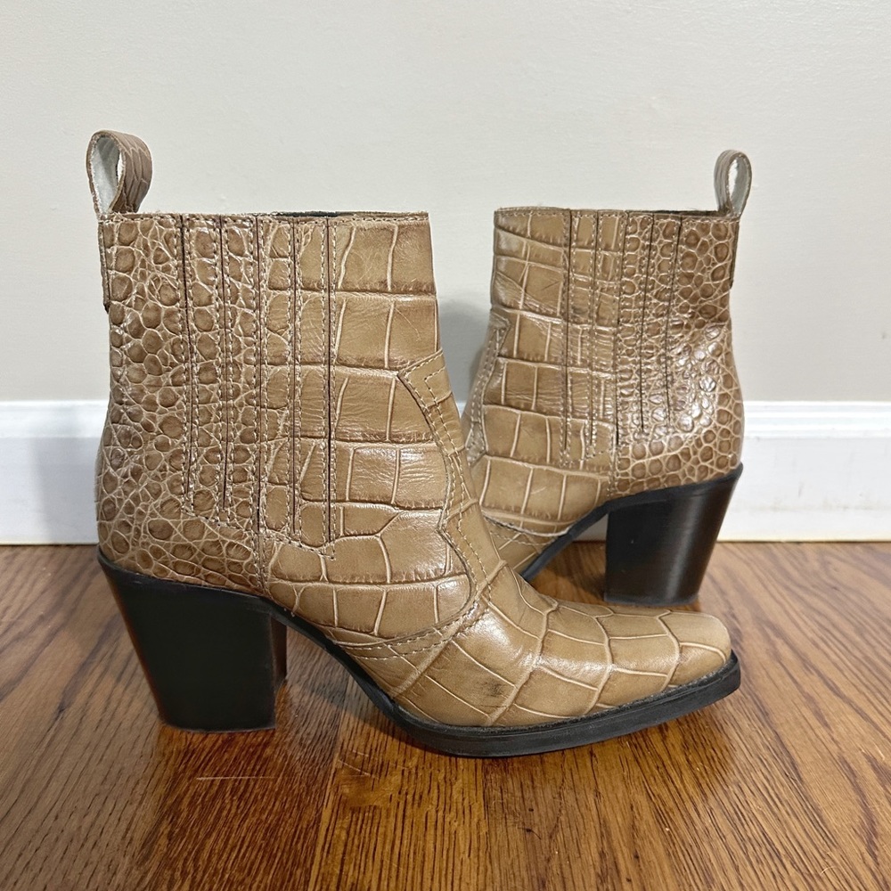 Ganni “Western” croc-effect cowboy booties in tapioca (tan)